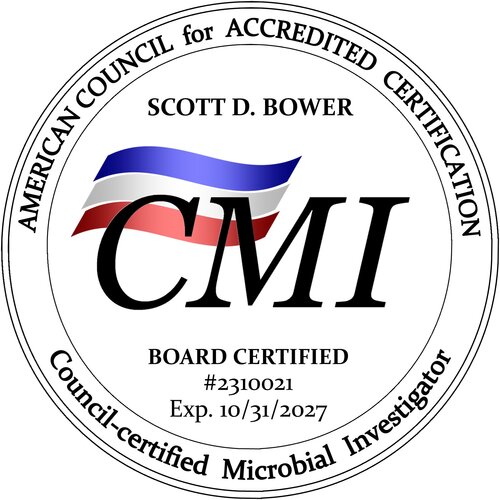 ACAC Certified Microbial Investigator seal — Scott D. Bower, valid to 2027