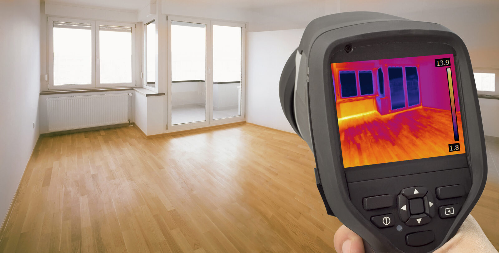 Inspector using a thermal imaging camera to detect moisture in a New Zealand home